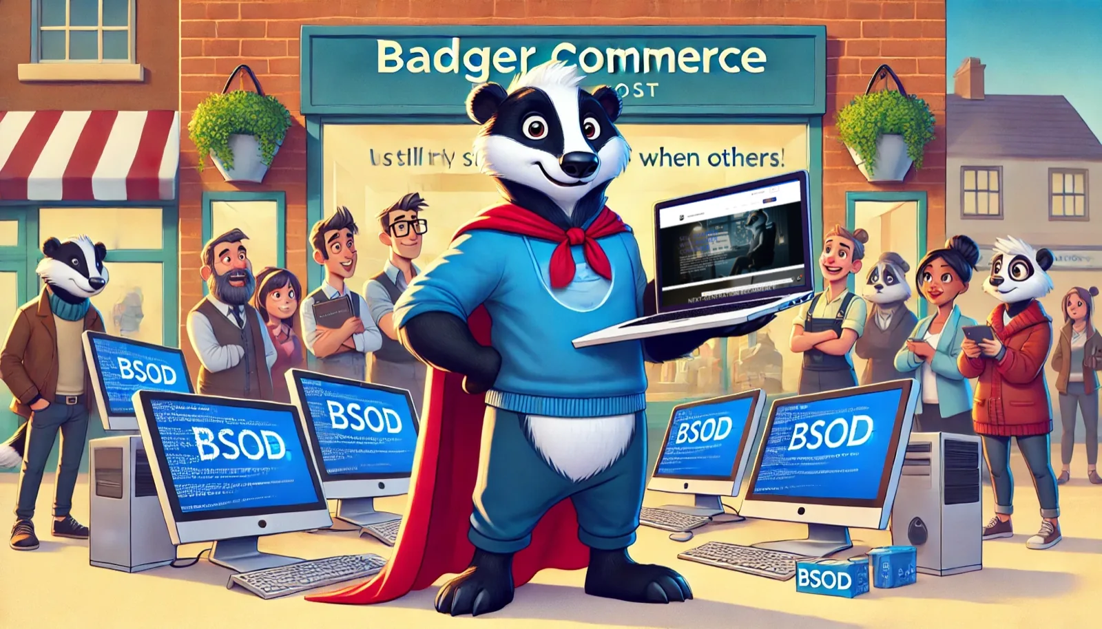 An illustrated badger in a cape holds a working laptop outside a Badger Commerce shopfront, surrounded by desktop monitors showing blue-screen errors.