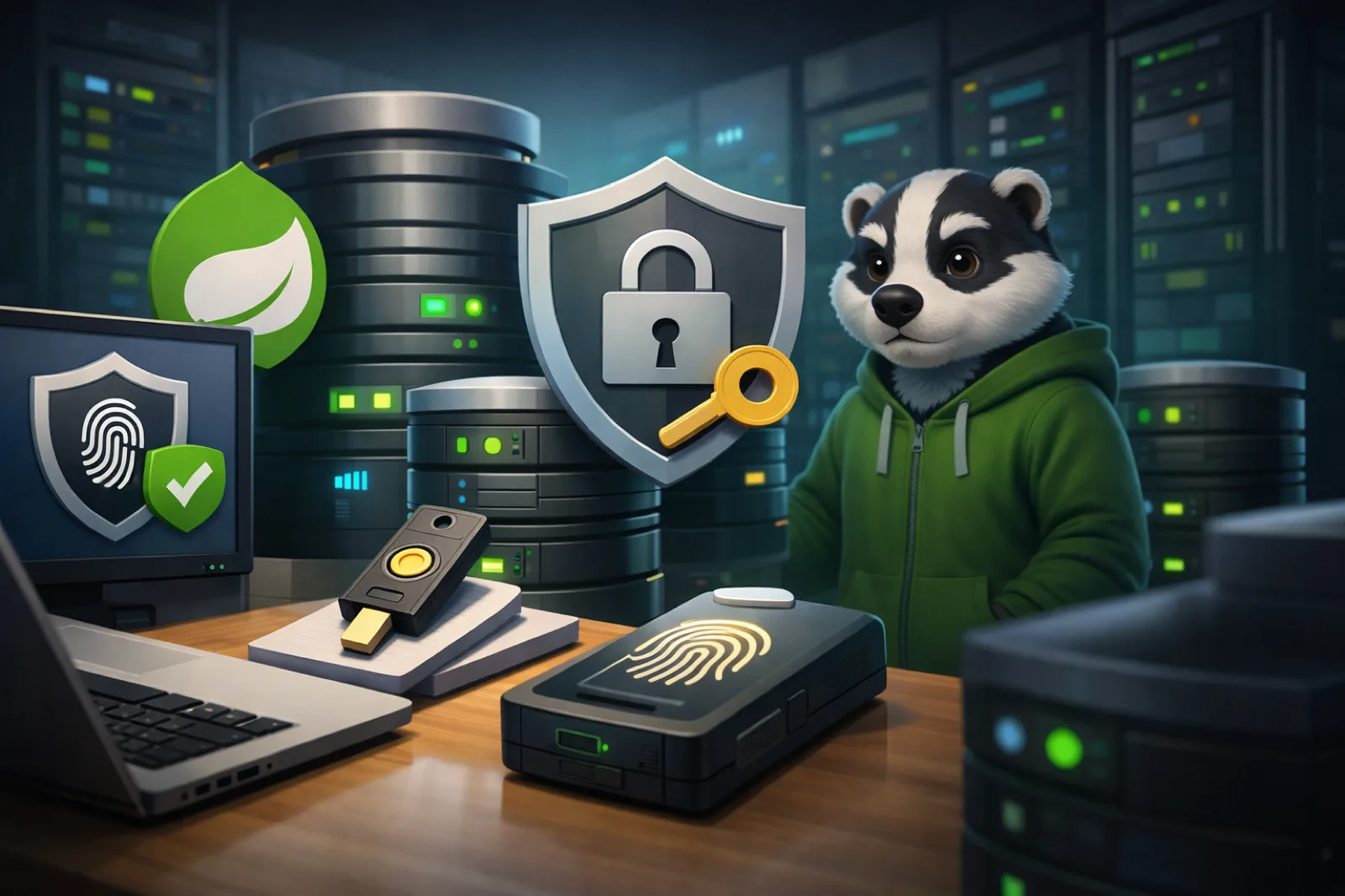 An illustrated badger stands in a data centre beside a laptop showing a fingerprint shield, a hardware security key, and a padlock-and-key badge.